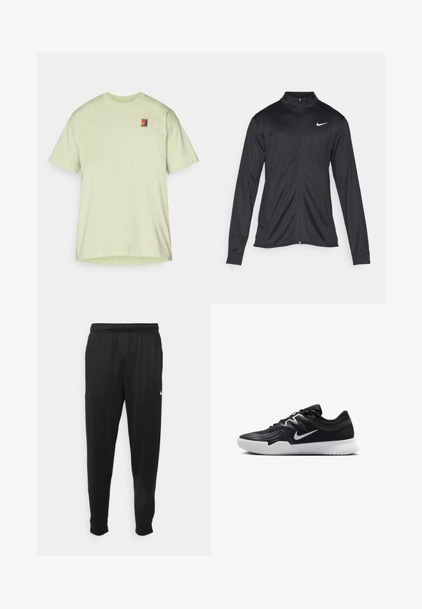 Czarna sportowa kurtka z długimi rękawami, kołnierzem i pełnym zamkiem. Posiada subtelne logo Nike w białym kolorze na lewej górnej części klatki piersiowej. Gładka tekstura.; Jasnozielona bawełniana koszulka z krótkim rękawem, okrągłym dekoltem i małą, wielokolorową naszywką logo po lewej stronie klatki piersiowej.; Czarne sportowe spodnie wykonane z gładkiego materiału, z elastycznym pasem, zwężanymi nogawkami i małym białym logo po lewej stronie.; Czarne buty sportowe z teksturowaną cholewką, białym logo Nike i białą gumową podeszwą. Charakteryzują się sznurowanym zapięciem i dynamicznym kształtem.