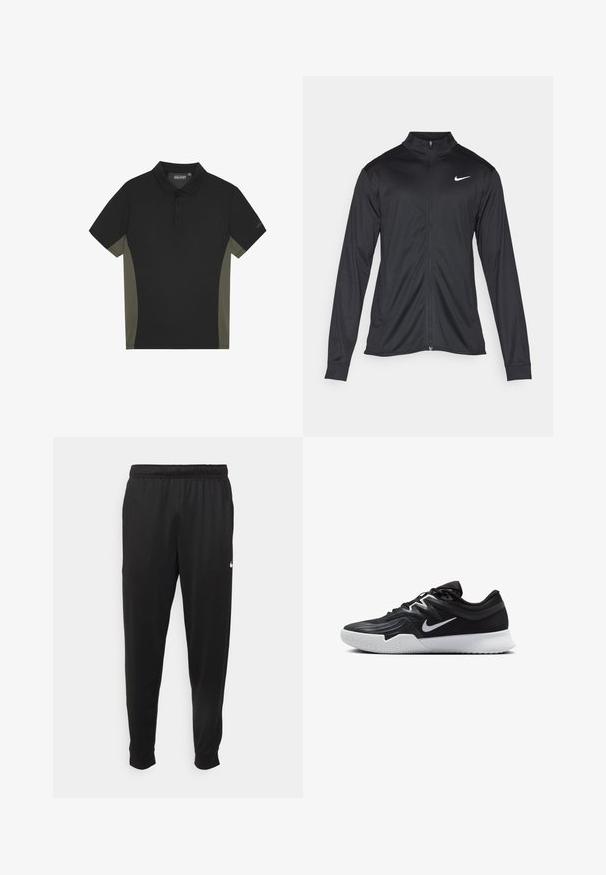 Juodas sportinis švarkas su ilgomis rankovėmis, apykakle ir pilnu užtrauktuku. Yra subtilus baltas Nike logotipas kairėje krūtinės pusėje. Lygus tekstūra.; Juodas polo marškinėliai su alyvuogių žalios spalvos šoniniais paneliais, trumpomis rankovėmis, trijų mygtukų priekyje ir prekės ženklo logotipu ant rankovės. Lygus audinio tekstūra.; Juodi sportiniai kelnės, pagamintos iš lygaus audinio, turinčios elastinę juosmenį, siaurėjantys sijonai ir mažas baltas logotipas kairėje pusėje.; Juodos sportinės bateliai su tekstūruota viršutine dalimi, balta Nike swoosh ir balta gumine išorine dalimi. Yra su raištelių užsegimo dizainu ir dinamine forma.