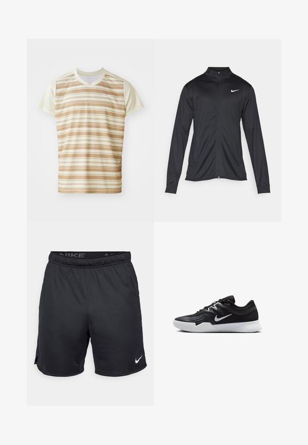 Chaqueta atlética negra con mangas largas, collar y cremallera completa. Presenta un sutil logo de Nike en blanco en la parte superior izquierda del pecho. Textura suave.; Camiseta Nike de manga corta en tonos beige y crema con rayas horizontales, escote redondo y logo minimalista en el pecho. Textura de tela suave.; Pantalones cortos negros de Nike con cintura elástica, aberturas laterales y un logo blanco de Nike en el dobladillo inferior. Fabricados con una tela ligera y texturizada.; Zapatilla deportiva negra con parte superior texturizada, logo de Nike en blanco y suela de goma blanca. Tiene un diseño con cordones y una forma dinámica.