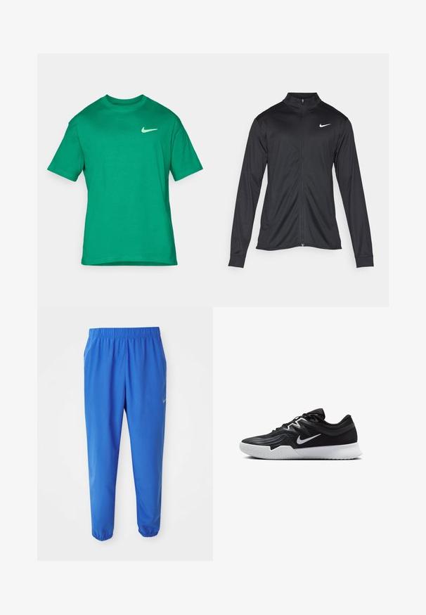 Must värvi sportlik jakk pikkade varrukatega, krae ja täispikk tõmblukk. Ülemises vasakus rinnas on diskreetne valge Nike logo. Sile tekstuur.; Roheline puuvillane t-särk, ümmarguse kaelusega, lühikeste varrukatega ja väikese valge Nike logo ehk vasakul rinnal. Sile tekstuur, tavaline lõige.; Sinised spordipüksid elastse vöökoha, sirge jala disaini ja kitsenevate sääremukudega. Vasakul küljel on kuldne Nike logo.; Must mustad jalanikesad rikaste ülaservaga, valge Nike swoosh'i ja valge kummist välispõhjaga. Omab paeltega sulgemisdetaili ja dünaamilist kuju.