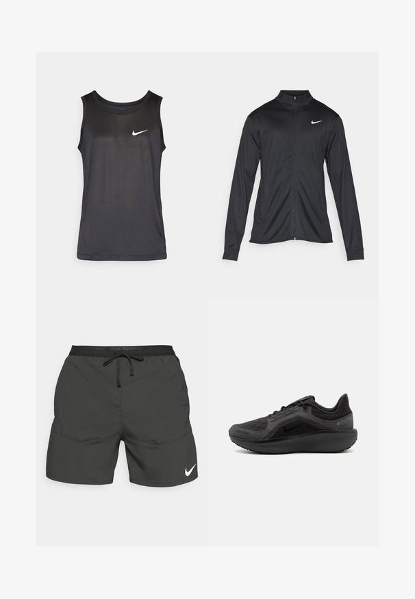 Sort atletisk jakke med lange ærmer, krave og fuld lynlås. Har et diskret Nike-logo i hvidt på den øverste venstre side af brystet. Glat tekstur.; Sort sports tanktop med rund halsudskæring, ærmeløst design og et lille hvidt Nike-logo på forsiden. Lavet af letvægtsmateriale.; Sorte løbeshorts med elastisk talje, snøre, sidelommer og et hvidt Nike-logo nederst på venstre ben.; Sort sportsko med en textured quilted overdel, slankt design og sort gummisåler. Har et synligt logo og Gore-Tex mærkning.