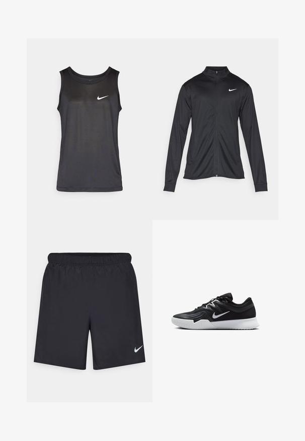 Black athletic jacket with long sleeves, collar, and full zipper. Features a subtle Nike logo in white on the upper left chest. Smooth texture.; Black athletic tank top featuring a round neckline, sleeveless design, and a small white Nike logo on the front. Made of lightweight fabric.; Black athletic shorts made of lightweight material with an elastic waistband. Features a small white Nike logo on the lower left side.; Black athletic shoe with a textured upper, white Nike swoosh, and a white rubber outsole. Features a lace-up design and dynamic shape.