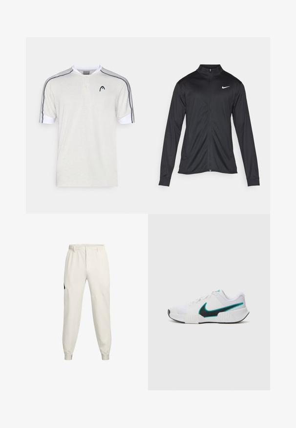 Čierna športová bunda s dlhými rukávmi, golierom a plným zipsom. Obsahuje nenápadné logo Nike v bielej farbe na hornej ľavej hrudi. Hladká textúra.; Polo tričko s krátkym rukávom v svetlosivej bavlne, s bielym golierom, dvojitým gombíkom a tmavosivými pruhmi na ramenách.; Svetlo béžové jogger nohavice s elastickým pásom, bočnými vreckami a rebrovanými manžetami; majú čierny logotyp na ľavom boku.; Biele športové tenisky s textúrovaným sieťovaným zvrškom, čiernou gumovou podrážkou a akcentom teal loga Nike. Obsahujú šnúrky a vypolstrovaný golier.