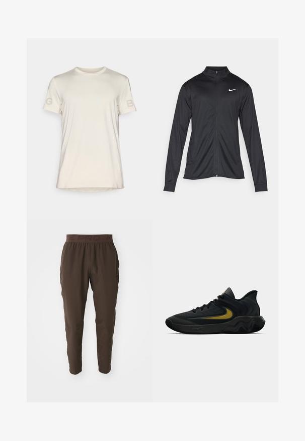 Fekete sportdzseki hosszú ujjal, gallérral és teljes cipzárral. Diszkrét fehér Nike logóval az upper bal mellen. Sima textúra.; Björn Borg Nyomott mintás póló - birch; Barna sportnadrág, elasztikus derékkal. Könnyű anyagból készült, keskenyített lábbal és oldalsó zsebekkel. Minták nélkül.; Fekete és sötétszürke sportcipő fekete fűzővel és arany swoosh logóval, hullámos talpformával és párnázott sarokpánttal.
