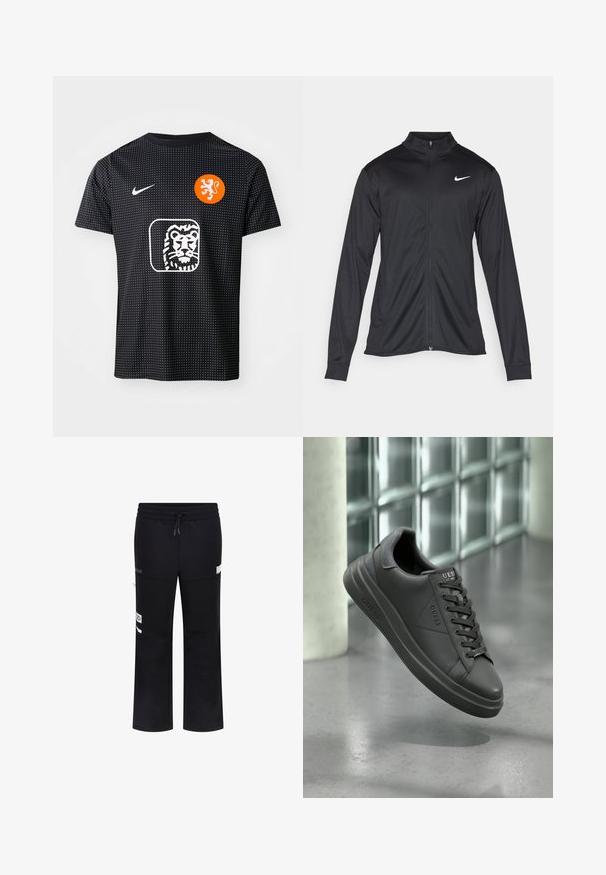 Giacca sportiva nera con maniche lunghe, colletto e zip completa. Presenta un logo Nike in bianco sulla parte superiore del lato sinistro del petto. Tessuto morbido.; Maglietta da calcio nera Nike con texture a pois, emblema di leone arancione e logo di leone bianco sul fronte, maniche corte e scollatura a girocollo.; Pantaloni della tuta neri con vita elastica, coulisse, tasche laterali e dettagli con logo. Tessuto liscio e design dalla vestibilità ampia.; Sneakers neri in pelle con una finitura liscia, caratterizzati da una punta arrotondata, dettagli testurizzati e un design con lacci. Logo visibile sulla linguetta.