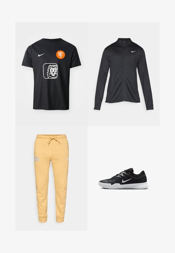 Jacket desportivo preto com mangas longas, colarinho e fecho zip completo. Apresenta um discreto logotipo da Nike em branco na parte superior do lado esquerdo do peito. Textura suave.; Camisa de futebol preta da Nike com textura pontilhada, emblema de leão laranja e logótipo de leão branco na frente, mangas curtas e decote redondo.; Calças de moletom amarelas com cordão e punhos elásticos, texto "BOSTON" na coxa esquerda e pequeno logótipo da Nike em branco na coxa direita.; Sapatilha atlética preta com um cabedal texturizado, swoosh branco da Nike e uma sola de borracha branca. Apresenta um design com atacadores e uma forma dinâmica.