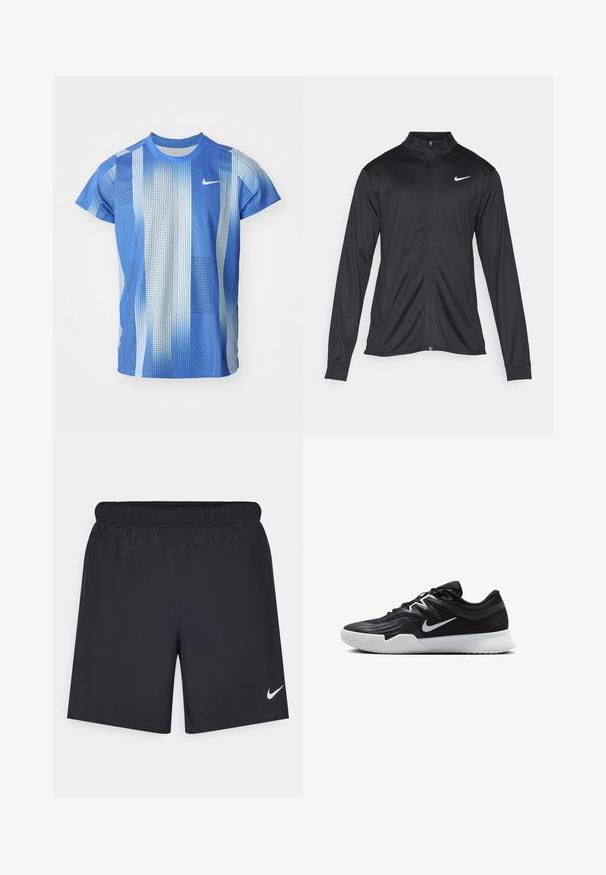 Fekete sportdzseki hosszú ujjal, gallérral és teljes cipzárral. Diszkrét fehér Nike logóval az upper bal mellen. Sima textúra.; Nike rövid ujjú póló átmeneti kék árnyalatokban, négyzethálós mintával és kerek nyakkivágással. Könnyű, lélegző anyagból készült.; Fekete sportnadrág könnyű anyagból, rugalmas derékkal. A bal alsó oldalon egy kis fehér Nike-logó található.; Fekete sportcipő texturált felsőrésszel, fehér Nike logóval és fehér gumitalppal. Fűzős kialakítással és dinamikus formával rendelkezik.
