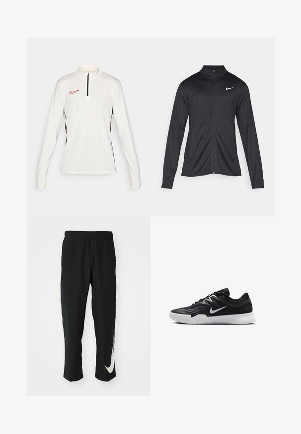 Czarna sportowa kurtka z długimi rękawami, kołnierzem i pełnym zamkiem. Posiada subtelne logo Nike w białym kolorze na lewej górnej części klatki piersiowej. Gładka tekstura.; Biała sportowa bluzka z długim rękawem z kwaterowym zamkiem, czarnymi akcentami po bokach oraz czerwonym logo Nike na lewej piersi.; Czarne spodnie sportowe z elastycznym paskiem, zwężający się fason, z dużym białym logo Nike na lewej nogawce. Miękka, lekka tkanina.; Czarne buty sportowe z teksturowaną cholewką, białym logo Nike i białą gumową podeszwą. Charakteryzują się sznurowanym zapięciem i dynamicznym kształtem.