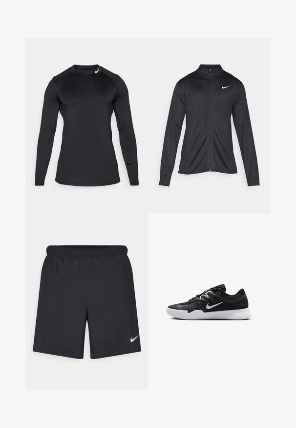 Schwarze Sportjacke mit langen Ärmeln, Kragen und voller Reißverschluss. Verfügt über ein dezentes Nike-Logo in Weiß auf der oberen linken Brust. Glatte Textur.; Schwarzes, langärmeliges Sporthemd aus glattem, dehnbarem Material mit Rundhalsausschnitt und dezentem Logo oben links.; Schwarze sportliche Shorts aus leichtem Material mit einem elastischen Bund. Auf der unteren linken Seite befindet sich ein kleines weißes Nike-Logo.; Schwarzer Sportschuh mit strukturiertem Obermaterial, weißem Nike-Warenzeichen und einer weißen Gummisohle. Verfügt über ein Schnürdesign und eine dynamische Form.