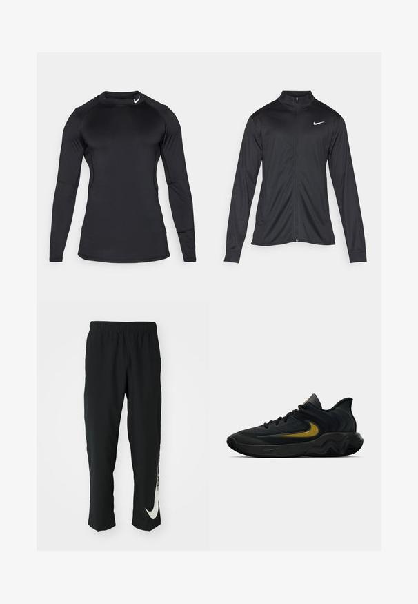 Schwarze Sportjacke mit langen Ärmeln, Kragen und voller Reißverschluss. Verfügt über ein dezentes Nike-Logo in Weiß auf der oberen linken Brust. Glatte Textur.; Schwarzes, langärmeliges Sporthemd aus glattem, dehnbarem Material mit Rundhalsausschnitt und dezentem Logo oben links.; Schwarze Sporthose mit elastischem Bund und taillierter Passform, auf der linken Beinschulter befindet sich ein großes weißes Nike-Logo. Weicher, leichter Stoff.; Schwarzer und dunkelgrauer Sportschuh mit schwarzen Schnürsenkeln und goldenem Swoosh-Logo, ausgestattet mit einem gewellten Sohlen design und gepolstertem Fersenkragen.