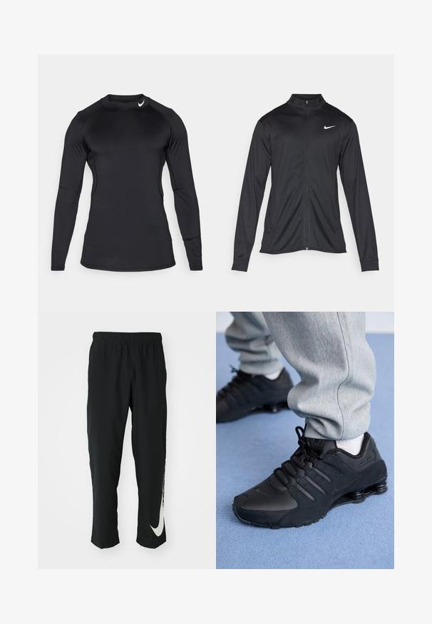 Must värvi sportlik jakk pikkade varrukatega, krae ja täispikk tõmblukk. Ülemises vasakus rinnas on diskreetne valge Nike logo. Sile tekstuur.; Must have pikad varrukad ja sportlik särk, mis on valmistatud sileda ja elastse kanga kasutamisest, ümar kaelus ja diskreetne logo vasakus ülanurgas.; Mustad mustad sportlikud püksid elastse vöökohtadega, kitseneva disainiga, millel on vasakul jalal suur valge Nike logo. Pehme, kerge kangas.; Isik mustade Nike Shox tossudega ja hallides dressipükstes seisab helesinise vaiba peal.