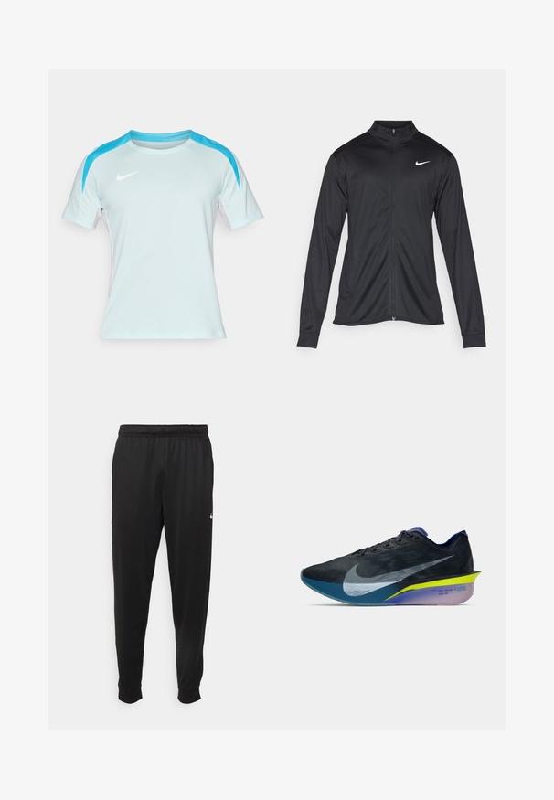 Juodas sportinis švarkas su ilgomis rankovėmis, apykakle ir pilnu užtrauktuku. Yra subtilus baltas Nike logotipas kairėje krūtinės pusėje. Lygus tekstūra.; Šviesiai mėlynas sportinis marškinėlis su turkio spalvos peties akcentais, trumpomis rankovėmis, apvaliu kaklu ir baltu Nike logotipu krūtinėje.; Juodi sportiniai kelnės, pagamintos iš lygaus audinio, turinčios elastinę juosmenį, siaurėjantys sijonai ir mažas baltas logotipas kairėje pusėje.; Juoda ir mėlyna Nike bėgimo batai su dideliu baltu swoosh, geltonu ir purpuriniu vidpadžiu bei tekstu "ROAD RACING VF" ant kulno.