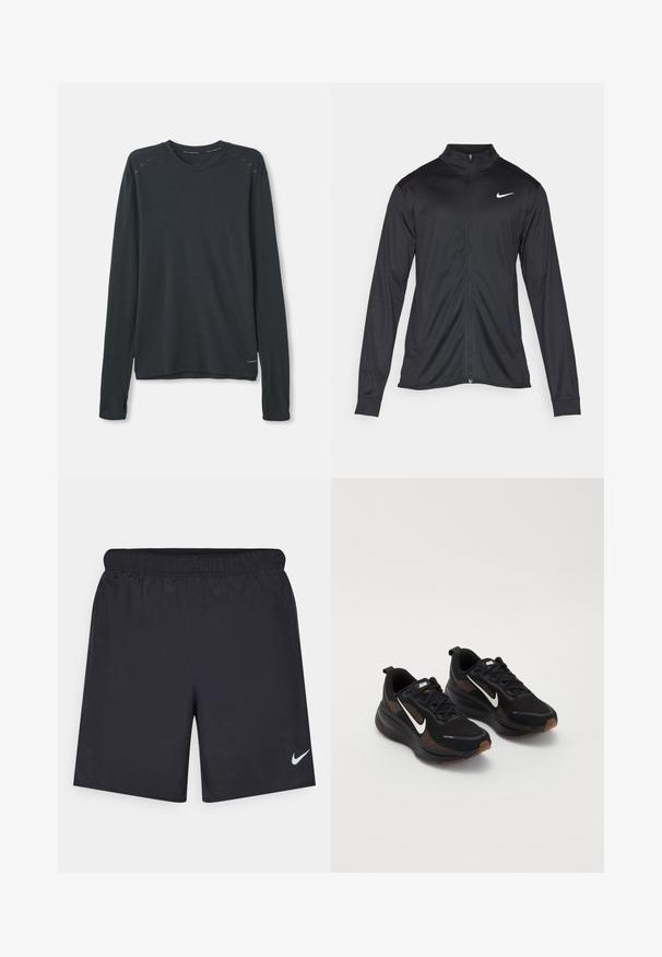 Melna sporta jaka ar garām piedurknēm, apkakli un pilnu rāvējslēdzēju. Uz kreisā krūts augšdaļas ir maigs Nike logo baltā krāsā. Gluda tekstūra.; Tumšu pelēku audumu garenām piedurknēm sporta krekls. Ar apaļu kakla izgriezumu, smalku faktūru un gaiši zilu akcentu detaļām uz pleciem.; Melnas sporta šorti, izgatavoti no viegla materiāla, ar elastīgu jostu. Uz apakšējā kreisā stūra ir neliels balts Nike logo.; Melni sporta apavi ar elpojošu poliestera augšdaļu, balto Nike zīmi, strukturētu zoli un kontrastējošiem brūniem akcentiem. Iekļauta pastiprināta papēža daļa.