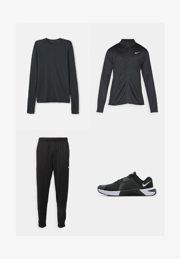 Jacket desportivo preto com mangas longas, colarinho e fecho zip completo. Apresenta um discreto logotipo da Nike em branco na parte superior do lado esquerdo do peito. Textura suave.; Camisa atlética de mangas longas em tecido cinza escuro. Apresenta um decote redondo, um padrão texturizado subtil e detalhes em azul claro nos ombros.; Calças de desporto pretas feitas de tecido suave, com uma cintura elástica, pernas ajustadas e um pequeno logo branco no lado esquerdo.; Nike Performance METCON 10 - Sapatilha de treino - black/white/anthracite