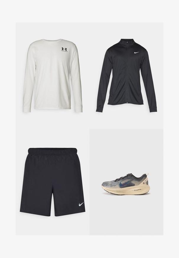 Black athletic jacket with long sleeves, collar, and full zipper. Features a subtle Nike logo in white on the upper left chest. Smooth texture.; Long-sleeve white t-shirt made of cotton with a round neckline. Features a black logo on the upper left chest. Smooth texture and fitted design.; Black athletic shorts made of lightweight material with an elastic waistband. Features a small white Nike logo on the lower left side.; Nike Performance VOMERO 18 - Road running shoes - oatmeal/black anthracite/silver-coloured