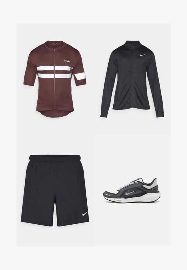 Veste de sport noire à manches longues, avec col et fermeture éclair intégrale. Présente un logo Nike subtil en blanc sur le côté supérieur gauche de la poitrine. Texture lisse.; Maillot de cyclisme marron à manches courtes avec une fermeture éclair intégrale, avec des bandes réfléchissantes blanches et des accents en mesh. Logo de la marque affiché à l'avant.; Shorts de sport noirs en matériau léger avec une taille élastique. Présente un petit logo Nike blanc sur le bas du côté gauche.; Baskets de sport noires et grises avec un empeigne en maille, des accents réfléchissants et un intermédiaire blanc. Comprend une semelle extérieure en caoutchouc texturé et des lacets.