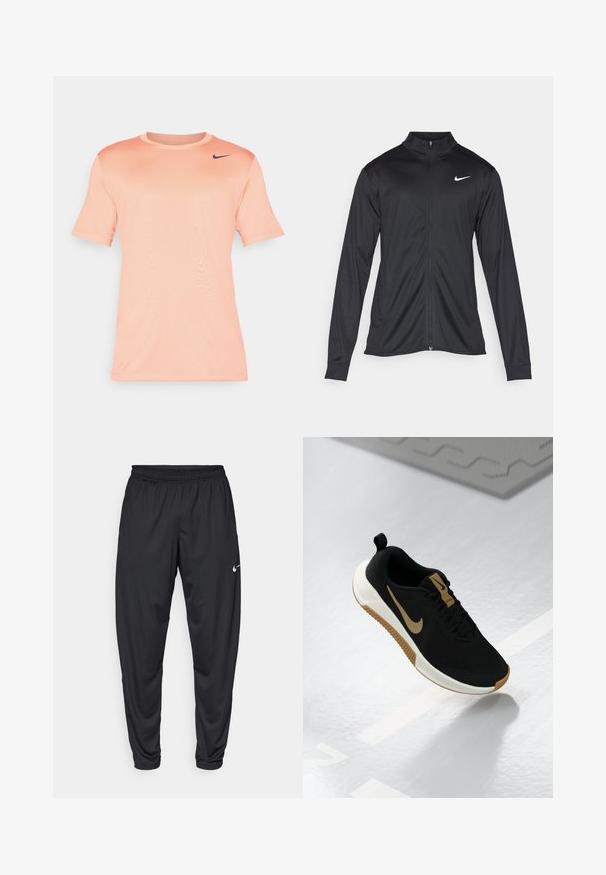 Schwarze Sportjacke mit langen Ärmeln, Kragen und voller Reißverschluss. Verfügt über ein dezentes Nike-Logo in Weiß auf der oberen linken Brust. Glatte Textur.; Nike T-Shirt mit kurzen Ärmeln in hellem Pfirsich, aus glattem Stoff. Mit rundem Halsausschnitt und schwarzem Logo auf der oberen linken Seite.; Schwarze Sporthose mit elastischem Bund, schmal zulaufenden Beinen und kleinem weißen Nike-Logo auf dem linken Oberschenkel. Glattes Material, ohne Muster.; Schwarze Sportschuhe mit einer strukturierten Oberseite, ausgestattet mit einem goldenen Nike-Swoosh, einer weißen Zwischensohle und einer Sohle aus Naturkautschuk.