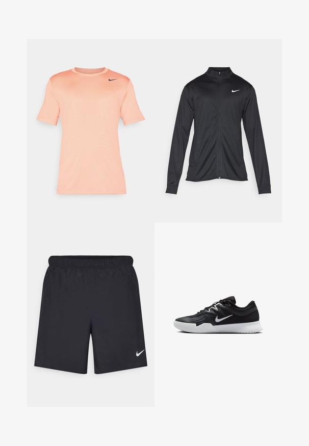 Sort atletisk jakke med lange ærmer, krave og fuld lynlås. Har et diskret Nike-logo i hvidt på den øverste venstre side af brystet. Glat tekstur.; Nike kortærmet t-shirt i lys fersken, lavet af glat stof. Har en rund hals og sort logo på den øverste venstre side.; Sorte atletiske shorts lavet af letvægtsmateriale med en elastisk talje. Har et lille hvidt Nike-logo i nederste venstre hjørne.; Sort atletiksko med en tekstureret overdel, hvid Nike swoosh og en hvid gummisål. Har en snørret design og dynamisk form.