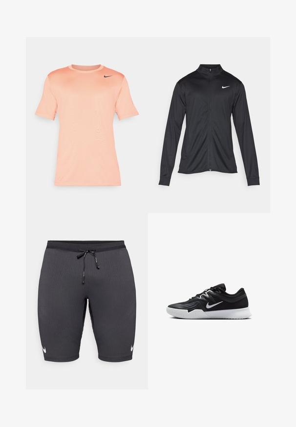 Melna sporta jaka ar garām piedurknēm, apkakli un pilnu rāvējslēdzēju. Uz kreisā krūts augšdaļas ir maigs Nike logo baltā krāsā. Gluda tekstūra.; Nike īsām piedurkņu T-kreklā gaiši persiku krāsā, izgatavots no gludas auduma. Tam ir apaļa kakla izgriezums un melns logo kreisajā augšējā stūrī.; Melnas sporta šortas no ribota auduma ar saistošo jostu un mazu baltu Nike logo kreisajā pusē.; Melni sporta apavi ar teksturētu virsu, balto Nike zulumu un balto gumijas zoli. Iezīmējas ar auklu pievilkšanas dizainu un dinamisku formu.