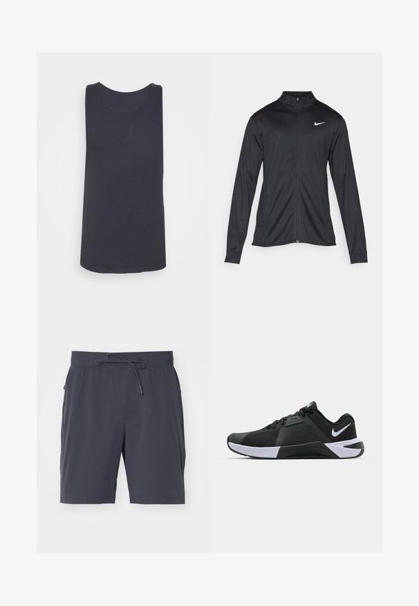 Czarna sportowa kurtka z długimi rękawami, kołnierzem i pełnym zamkiem. Posiada subtelne logo Nike w białym kolorze na lewej górnej części klatki piersiowej. Gładka tekstura.; Czarny bezrękawnik z okrągłym dekoltem, wykonany z gładkiego materiału, z subtelną teksturą i zaokrąglonym dołem.; Ciemnoszare szorty z elastycznym paskiem w talii i sznurkiem. Gładki materiał, dwie boczne kieszenie i długość do kolan. Bez widocznych wzorów.; Nike Performance METCON 10 czarny