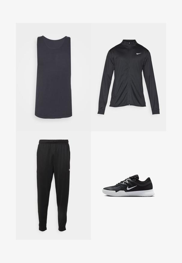 Fekete sportdzseki hosszú ujjal, gallérral és teljes cipzárral. Diszkrét fehér Nike logóval az upper bal mellen. Sima textúra.; Fekete ujjatlan atlétatrikó kerek nyakkivágással, sima anyagból készült, finom textúrával és ívelt aljjal.; Fekete sportos nadrág sima anyagból, rugalmas derékkal, szűkülő lábakkal és egy kis fehér logóval a bal oldalon.; Fekete sportcipő texturált felsőrésszel, fehér Nike logóval és fehér gumitalppal. Fűzős kialakítással és dinamikus formával rendelkezik.