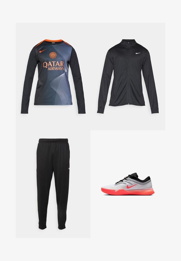 Crna sportska jakna s dugim rukavima, ovratnikom i punim patentnim zatvaračem. Ima suptilan Nike logo u bijeloj boji na gornjem lijevom dijelu prsne oznake. Glatka tekstura.; Dugulja s dugim rukavima u crnoj boji s narančastim ovratnikom. Ima gradijentni dizajn s geometrijskim uzorcima i otisnutim "QATAR AIRWAYS" u narančastoj boji.; Crne atletske hlače od glatkog materijala, s elastičnom pasicom, sužavajućim nogavicama i malim bijelim logom na lijevoj strani.; Bijela i crna sportska cipela s svijetloružičastim potplatom i Nike logotipom, niskog kroja, s teksturiranim gripom na prednjem dijelu potplata.