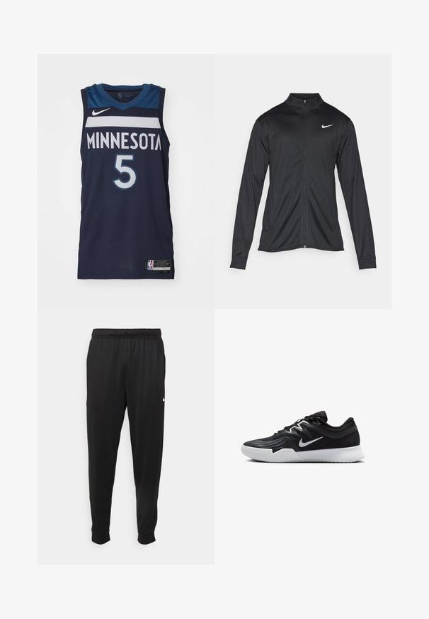 Giacca sportiva nera con maniche lunghe, colletto e zip completa. Presenta un logo Nike in bianco sulla parte superiore del lato sinistro del petto. Tessuto morbido.; Nike Performance MINNESOTA TIMBERWOLVES ANTHONY EDWARDS - Squadra - college navy; Pantaloni sportivi neri realizzati in tessuto liscio, con una vita elastica, gambe affusolate e un piccolo logo bianco sul lato sinistro.; Scarpa sportiva nera con tomaia testurizzata, logo Nike swoosh bianco e suola in gomma bianca. Presenta un design con lacci e una forma dinamica.