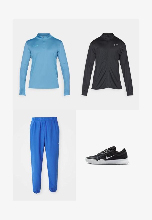 Juodas sportinis švarkas su ilgomis rankovėmis, apykakle ir pilnu užtrauktuku. Yra subtilus baltas Nike logotipas kairėje krūtinės pusėje. Lygus tekstūra.; Šviesiai mėlyna ilgomis rankovėmis sportinė palaidinė su pusiau užtrauktuku, pagaminta iš lygaus audinio. Krūtinėje puikuojasi kontrastingas akvamarino spalvos "Nike" logotipas.; Mėlynos sportinės kelnės su elastine juosta, tiesios kojos dizainu ir siaurėjantys rankogaliai. Kairėje pusėje yra auksinis Nike logotipas.; Juodos sportinės bateliai su tekstūruota viršutine dalimi, balta Nike swoosh ir balta gumine išorine dalimi. Yra su raištelių užsegimo dizainu ir dinamine forma.