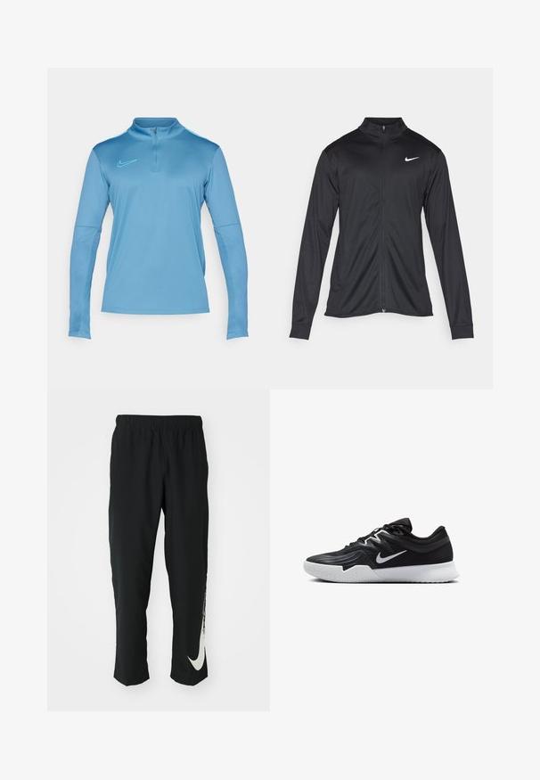 Svart idrettsjakke med lange ermer, krage og full glidelås. Har en subtil Nike-logo i hvitt på øvre venstre bryst. Glatt tekstur.; Lyseblå langermet treningstopp med halvlukket krage, laget av glatt stoff. Har Nike-logo i kontrasterende akvamarin på brystet.; Svarte treningbukser med elastisk midje, smalere design, med en stor hvit Nike-logo på venstre bein. Myk, lett stoff.; Svart treningssko med teksturert overdel, hvit Nike-swoosh og hvit gummisåle. Har snøring og en dynamisk form.