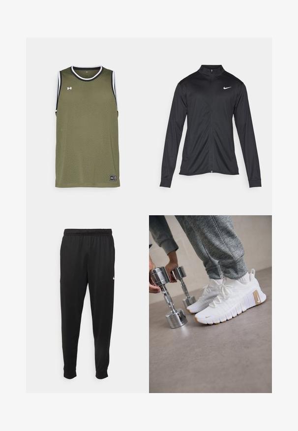 Fekete sportdzseki hosszú ujjal, gallérral és teljes cipzárral. Diszkrét fehér Nike logóval az upper bal mellen. Sima textúra.; Olívazöld hálós ujjatlan mez fekete és fehér díszítéssel, logós címkével az alján és lélegző anyaggal a kényelem érdekében.; Fekete sportos nadrág sima anyagból, rugalmas derékkal, szűkülő lábakkal és egy kis fehér logóval a bal oldalon.; Fehér sportcipők texturált felsőrésszel, lapos gumitalppal és világosbarna részletekkel. Ezüst súlyzók az előtérben. Szürke sportnadrág látható.