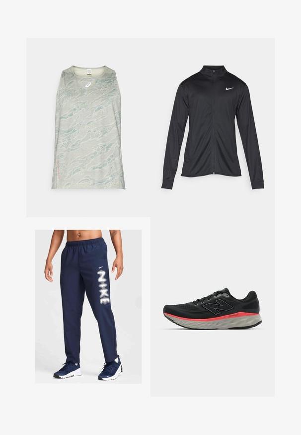 Must värvi sportlik jakk pikkade varrukatega, krae ja täispikk tõmblukk. Ülemises vasakus rinnas on diskreetne valge Nike logo. Sile tekstuur.; Heled halli ilma varrukateta sportlik särk, millel on sinise ja rohelise tooni lainemuster, väikese logo ja sildiga alläär.; Tumedad sportlikud püksid elastse vöökohtaga, küljetaskud ja valge Nike logo vasakul jalal. Sobivad nii spordiks kui ka igapäevaseks kandmiseks.; Mustvalge jooksujalats, millel on võrkkangast pealisosa, millele on lisatud roosa vaheosa riba ja hall pohjaplaat. Omab tekstureeritud detaile ja paindlikku talla disaini.