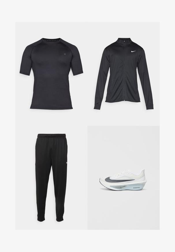 Juodas sportinis švarkas su ilgomis rankovėmis, apykakle ir pilnu užtrauktuku. Yra subtilus baltas Nike logotipas kairėje krūtinės pusėje. Lygus tekstūra.; Juodas trumpas rankovės sportinis marškinėliai, pagaminti iš lygaus, tamprumo audinio. Su apvaliu kaklu ir minimalia ženklinimo detale krūtinėje.; Juodi sportiniai kelnės, pagamintos iš lygaus audinio, turinčios elastinę juosmenį, siaurėjantys sijonai ir mažas baltas logotipas kairėje pusėje.; Balti sportiniai bateliai su pilku tinkleliu, mėlynas ZoomX putų vidurinės dalies padas ir išgaubtas padas, užtikrinantis didesnį varomumą ir komfortą.
