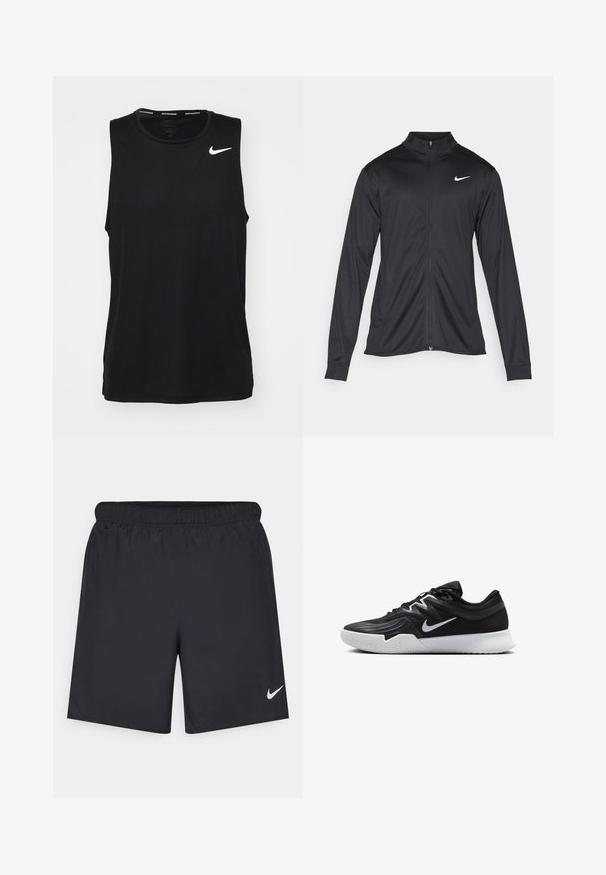 Black athletic jacket with long sleeves, collar, and full zipper. Features a subtle Nike logo in white on the upper left chest. Smooth texture.; Black, sleeveless athletic tank top made of smooth fabric. Features a white Nike logo on the upper left. Round neckline with a tagless design.; Black athletic shorts made of lightweight material with an elastic waistband. Features a small white Nike logo on the lower left side.; Black athletic shoe with a textured upper, white Nike swoosh, and a white rubber outsole. Features a lace-up design and dynamic shape.