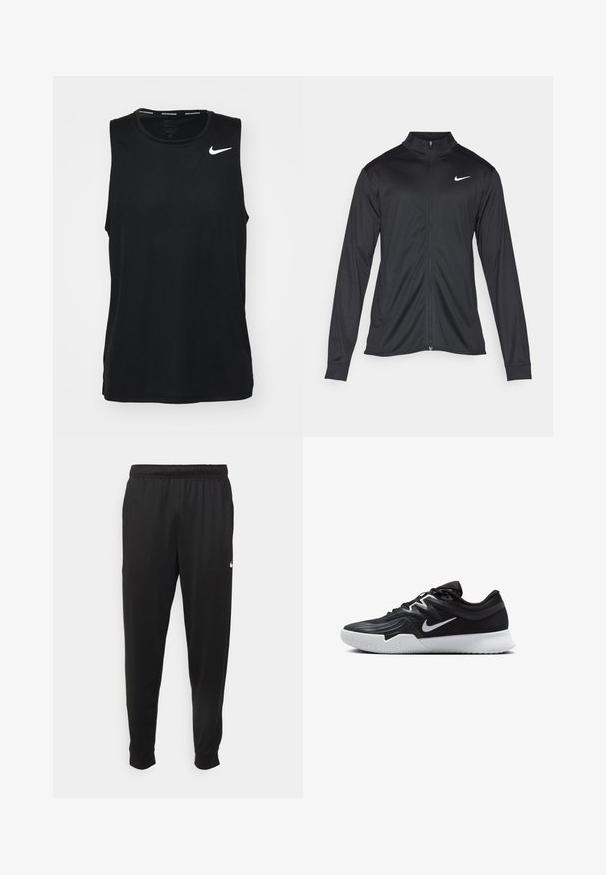 Svart idrettsjakke med lange ermer, krage og full glidelås. Har en subtil Nike-logo i hvitt på øvre venstre bryst. Glatt tekstur.; Svart, ermeløs treningstopp laget av glatt stoff. Har en hvit Nike-logo på øvre venstre side. Rund halslinning med en etikettfri design.; Svarte treningsbukser laget av glatt stoff, med elastisk midje, smale ben og en liten hvit logo på venstre side.; Svart treningssko med teksturert overdel, hvit Nike-swoosh og hvit gummisåle. Har snøring og en dynamisk form.