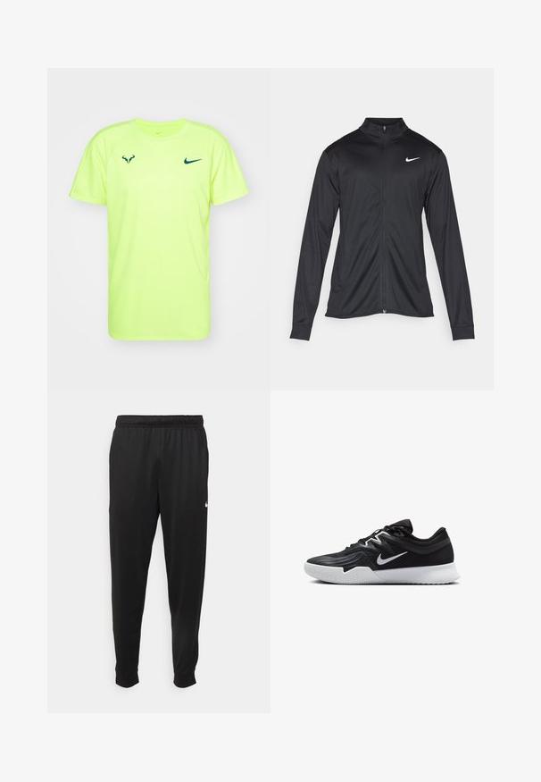 Juodas sportinis švarkas su ilgomis rankovėmis, apykakle ir pilnu užtrauktuku. Yra subtilus baltas Nike logotipas kairėje krūtinės pusėje. Lygus tekstūra.; Nike Performance RAFA CHALLENGER - Sportiniai marškinėliai trumpomis rankovėmis - volt geode teal; Juodi sportiniai kelnės, pagamintos iš lygaus audinio, turinčios elastinę juosmenį, siaurėjantys sijonai ir mažas baltas logotipas kairėje pusėje.; Juodos sportinės bateliai su tekstūruota viršutine dalimi, balta Nike swoosh ir balta gumine išorine dalimi. Yra su raištelių užsegimo dizainu ir dinamine forma.