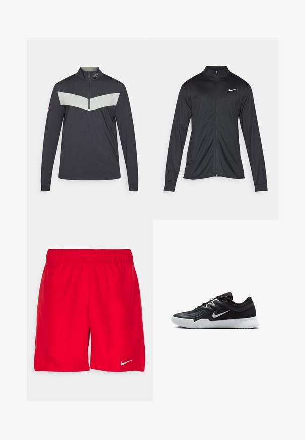 Juodas sportinis švarkas su ilgomis rankovėmis, apykakle ir pilnu užtrauktuku. Yra subtilus baltas Nike logotipas kairėje krūtinės pusėje. Lygus tekstūra.; Tamsiai pilkas ketvirčio užtrauktuku megztinis su šviesiai pilka zigzagų paskirstymo juostele per krūtinę. Yra ilgos rankovės ir tekstūruota medžiaga.; Raudoni sportiniai šortai su elastingu juosmeniu, pagaminti iš lengvos medžiagos. Apatinėje kairėje pusėje yra mažas sidabrinis Nike logotipas.; Juodos sportinės bateliai su tekstūruota viršutine dalimi, balta Nike swoosh ir balta gumine išorine dalimi. Yra su raištelių užsegimo dizainu ir dinamine forma.