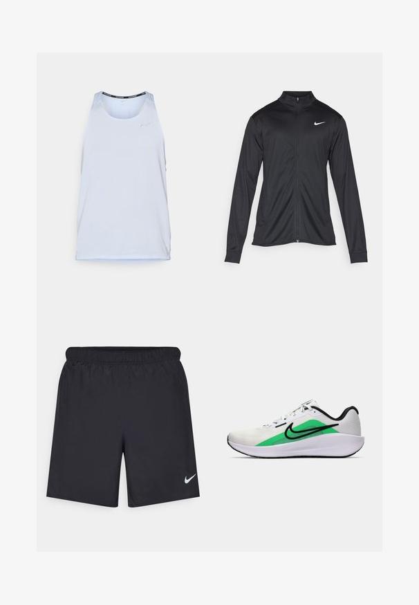 Melna sporta jaka ar garām piedurknēm, apkakli un pilnu rāvējslēdzēju. Uz kreisā krūts augšdaļas ir maigs Nike logo baltā krāsā. Gluda tekstūra.; Gaiši zilas sporta t-krekls ar elpojošu perforētu audumu, ar apaļu dekoltē un melnu akcentu ap kaklu.; Melnas sporta šorti, izgatavoti no viegla materiāla, ar elastīgu jostu. Uz apakšējā kreisā stūra ir neliels balts Nike logo.; Balta sporta apava ar zaļu akcentu, melnu logo, sietiņu augšu, mīkstu zoli un noapaļotu papēdi. Iekļauj lences un kontrastējošas detaļas.