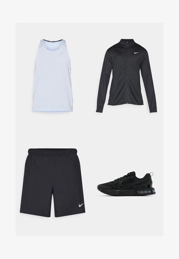 Black athletic jacket with long sleeves, collar, and full zipper. Features a subtle Nike logo in white on the upper left chest. Smooth texture.; Light blue athletic tank top with a breathable, perforated fabric, featuring a round neckline and a black accent along the collar.; Black athletic shorts made of lightweight material with an elastic waistband. Features a small white Nike logo on the lower left side.; Black Nike athletic shoe featuring a mesh upper, rubber sole, padded collar, and a distinct transparent heel accent.