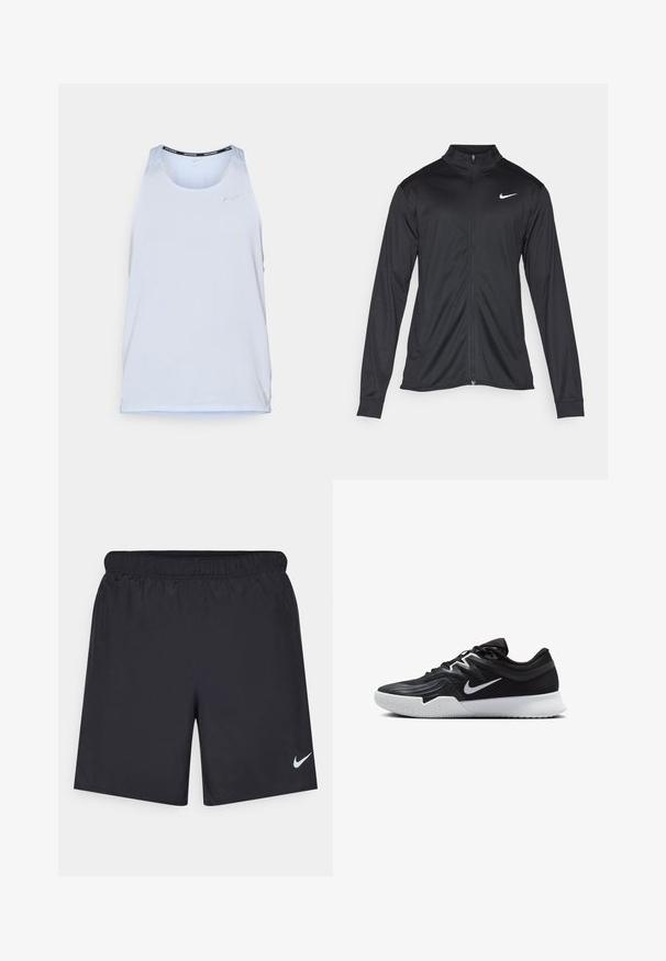 Jachetă sportivă neagră cu mâneci lungi, guler și fermoar complet. Prezintă un logo Nike subtil, alb, pe pieptul din stânga sus. Textură netedă.; Tricou sportiv de culoare albastru deschis, confecționat dintr-un material respirabil, perforat, având un guler rotund și un accent negru de-a lungul gulerului.; Pantaloni scurți atletici negri, fabricați dintr-un material ușor, cu un talie elastică. Au un mic logo alb Nike în partea stângă jos.; Pantof sport negru cu un superior texturat, swoosh alb Nike și o tălpică din cauciuc alb. Dispune de un design cu șireturi și o formă dinamică.