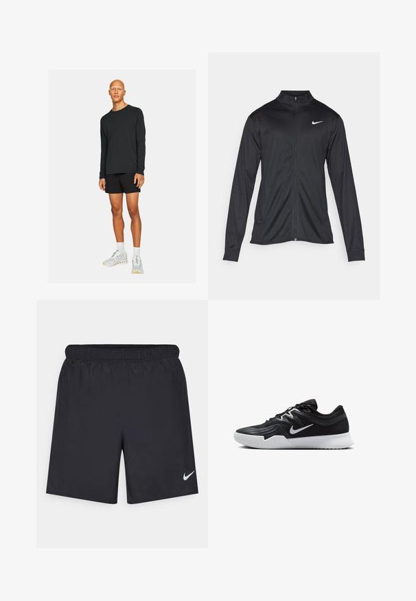 Juodas sportinis švarkas su ilgomis rankovėmis, apykakle ir pilnu užtrauktuku. Yra subtilus baltas Nike logotipas kairėje krūtinės pusėje. Lygus tekstūra.; Juodas ilgomis rankovėmis marškinėlis, derinamas su juodomis šortais. Modelis dėvi baltus ir pilkus sportinius batus su akcentais, stovėdamas ant paprasto fono.; Juodos sportinės šortai, pagaminti iš lengvos medžiagos, su elastingu juosmeniu. Ant apatinės kairės pusės yra mažas baltas Nike logotipas.; Juodos sportinės bateliai su tekstūruota viršutine dalimi, balta Nike swoosh ir balta gumine išorine dalimi. Yra su raištelių užsegimo dizainu ir dinamine forma.