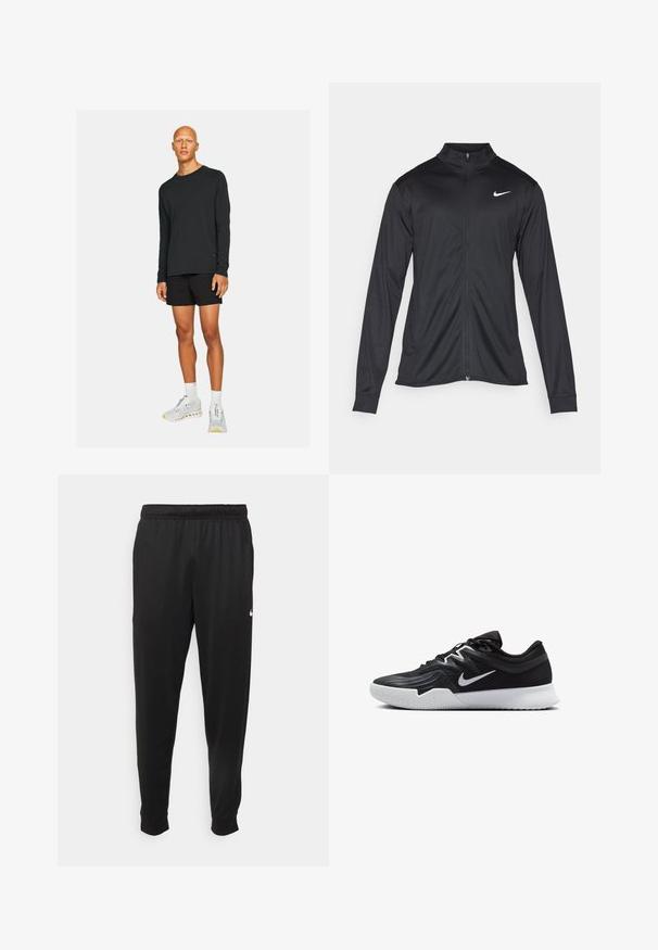 Czarna sportowa kurtka z długimi rękawami, kołnierzem i pełnym zamkiem. Posiada subtelne logo Nike w białym kolorze na lewej górnej części klatki piersiowej. Gładka tekstura.; Czarna koszula z długim rękawem połączona z czarnymi szortami. Model ma na sobie białe i szare buty sportowe z akcentami, stoi na jednolitym tle.; Czarne sportowe spodnie wykonane z gładkiego materiału, z elastycznym pasem, zwężanymi nogawkami i małym białym logo po lewej stronie.; Czarne buty sportowe z teksturowaną cholewką, białym logo Nike i białą gumową podeszwą. Charakteryzują się sznurowanym zapięciem i dynamicznym kształtem.