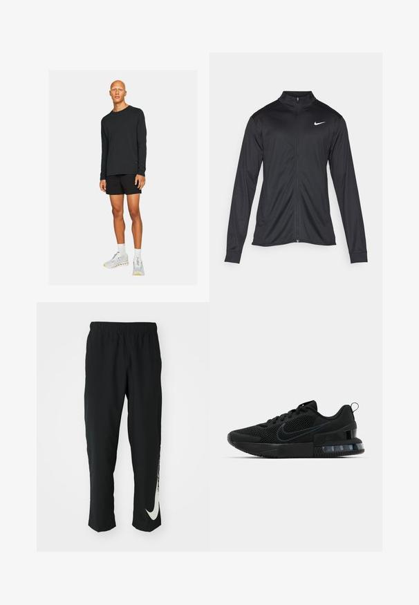 Black athletic jacket with long sleeves, collar, and full zipper. Features a subtle Nike logo in white on the upper left chest. Smooth texture.; Black long-sleeve shirt paired with black shorts. Model wears white and grey athletic shoes with accents, standing on a plain background.; Black athletic pants with elastic waistband, tapering design, featuring a large white Nike logo on the left leg. Soft, lightweight fabric.; Black Nike sneakers featuring a mesh upper, textured sole, and a visible air unit in the heel. Accents and logo in a darker shade of black.