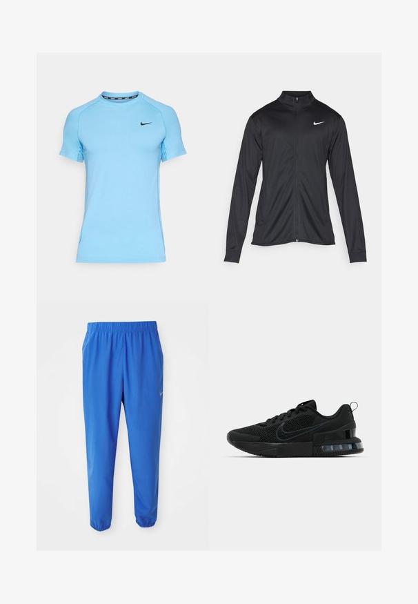 Jachetă sportivă neagră cu mâneci lungi, guler și fermoar complet. Prezintă un logo Nike subtil, alb, pe pieptul din stânga sus. Textură netedă.; Cămașă sport de culoare albastru deschis, cu mâneci scurte, realizată dintr-un material moale, având un logo Nike negru pe piept, guler rotund și panouri laterale din plasă.; Pantaloni sportivi blue cu talie elastică, design cu picior drept și manșete înguste. Prezintă logo-ul Nike în auriu pe partea stângă.; Pantofii atletici negri Nike au un superior din plasă, talpă din cauciuc, guler căptușit și un accent distinct transparent în călcâi.
