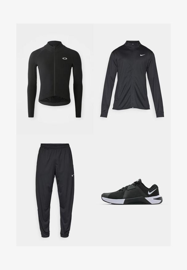 Veste de sport noire à manches longues, avec col et fermeture éclair intégrale. Présente un logo Nike subtil en blanc sur le côté supérieur gauche de la poitrine. Texture lisse.; Maillot de cyclisme noir à manches longues avec fermeture éclair à l'avant, panneaux de manches texturés, logo réfléchissant sur la poitrine et ourlet incurvé à l'arrière.; Pantalon de sport noir avec une taille élastique, des jambes fuselées et un petit logo Nike blanc sur la cuisse gauche. Tissu lisse, sans motifs.; Nike Performance METCON 10 - Chaussures fitness - black/white/anthracite