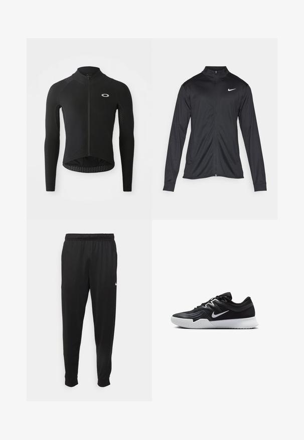 Black athletic jacket with long sleeves, collar, and full zipper. Features a subtle Nike logo in white on the upper left chest. Smooth texture.; Black long-sleeve cycling jersey with a zip front, textured sleeve panels, reflective logo on the chest, and curved hem at the back.; Black athletic pants made of smooth fabric, featuring an elastic waistband, tapered legs, and a small white logo on the left side.; Black athletic shoe with a textured upper, white Nike swoosh, and a white rubber outsole. Features a lace-up design and dynamic shape.