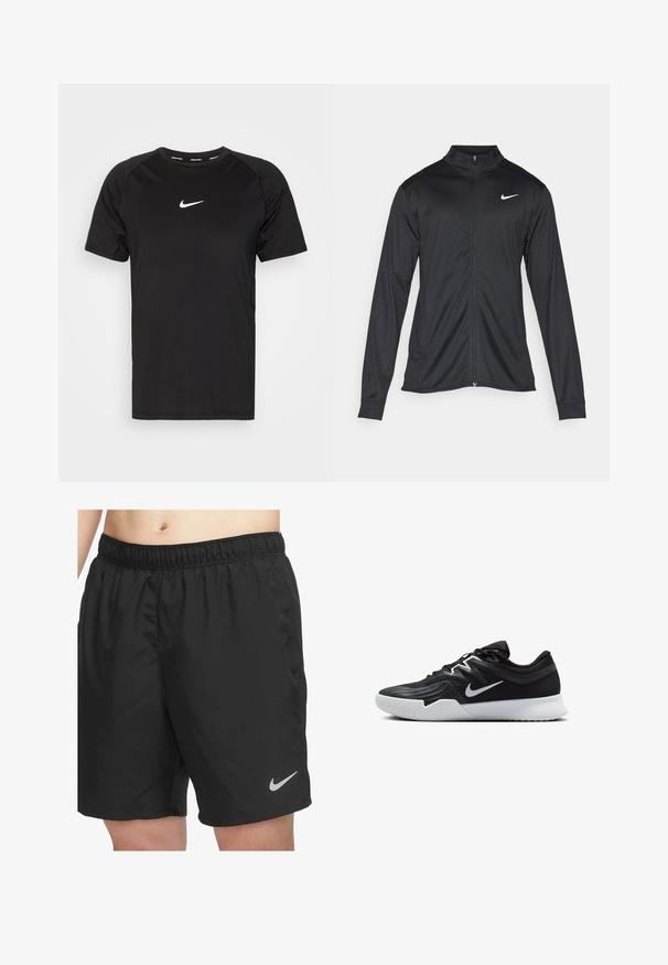 Fekete sportdzseki hosszú ujjal, gallérral és teljes cipzárral. Diszkrét fehér Nike logóval az upper bal mellen. Sima textúra.; Fekete, rövid ujjú Nike Pro póló sima, könnyű anyagból. Kicsi, fehér Nike logó található a mellkason, és raglán ujjú kialakítással rendelkezik.; Fekete sportnadrág könnyű anyagból, elasztikus derékkal és egy kicsi szürke Nike logóval a jobb alsó részen.; Fekete sportcipő texturált felsőrésszel, fehér Nike logóval és fehér gumitalppal. Fűzős kialakítással és dinamikus formával rendelkezik.