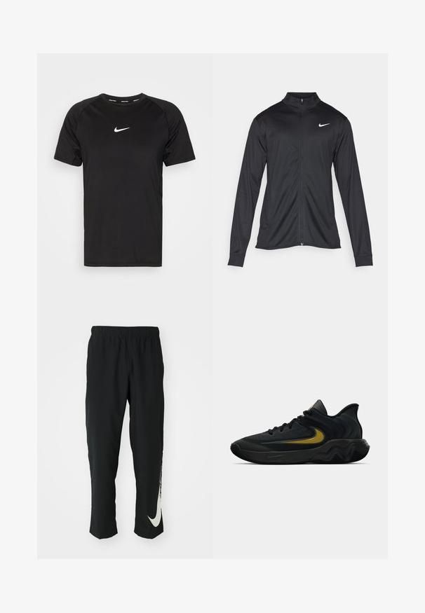 Chaqueta atlética negra con mangas largas, collar y cremallera completa. Presenta un sutil logo de Nike en blanco en la parte superior izquierda del pecho. Textura suave.; Camiseta negra de manga corta Nike Pro hecha de un tejido suave y ligero. Presenta un pequeño logotipo blanco de Nike en el pecho y un diseño de manga raglán.; Pantalones deportivos negros con cinturilla elástica, diseño cónico, que presentan un gran logo blanco de Nike en la pierna izquierda. Tejido suave y ligero.; Zapatilla deportiva en negro y gris oscuro con cordones negros y logotipo de diseño de swoosh dorado, que presenta un diseño de suela ondulada y un collar acolchado en el talón.