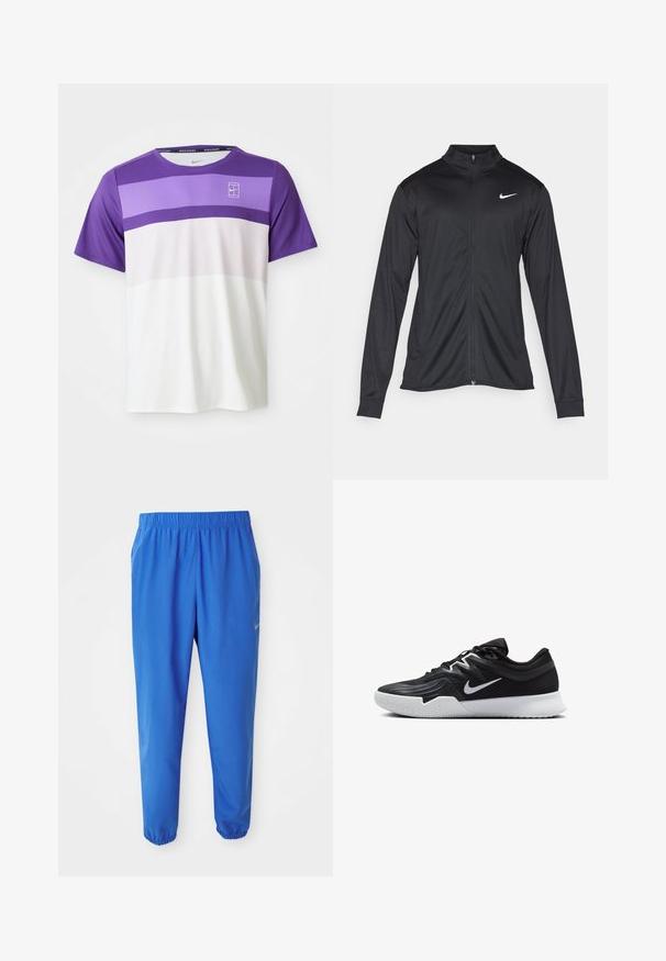 Svart idrettsjakke med lange ermer, krage og full glidelås. Har en subtil Nike-logo i hvitt på øvre venstre bryst. Glatt tekstur.; Kortermet Nike sport t-skjorte i lilla, lavendel, lys rosa og hvite horisontale fargeblokker med NikeCourt-logo på brystet.; Blå treningsbukser med elastisk midje, rett ben design og innsnevrede mansjetter. Har Nike-logo i gull på venstre side.; Svart treningssko med teksturert overdel, hvit Nike-swoosh og hvit gummisåle. Har snøring og en dynamisk form.