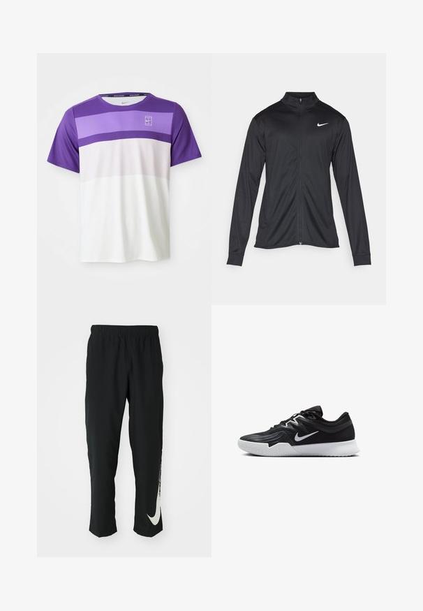 Fekete sportdzseki hosszú ujjal, gallérral és teljes cipzárral. Diszkrét fehér Nike logóval az upper bal mellen. Sima textúra.; Rövid ujjú Nike sportpóló lila, levendula, világos rózsaszín és fehér vízszintes színblokkokkal, és NikeCourt logóval a mellkason.; Fekete sportnadrág rugalmas derékpánttal, szűkített kialakítással, az előtérben egy nagy fehér Nike logóval a bal lábon. Puha, könnyű anyag.; Fekete sportcipő texturált felsőrésszel, fehér Nike logóval és fehér gumitalppal. Fűzős kialakítással és dinamikus formával rendelkezik.