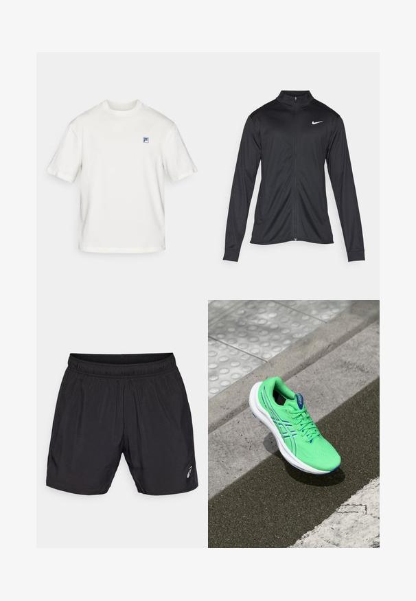 Čierna športová bunda s dlhými rukávmi, golierom a plným zipsom. Obsahuje nenápadné logo Nike v bielej farbe na hornej ľavej hrudi. Hladká textúra.; Biele bavlnené tričko s krátkymi rukávmi, okrúhlym výstrihom a malým modrým obdĺžnikovým logom vytlačeným na ľavej hrudi. Hladká textúra.; Čierne atletické šortky vyrobené z ľahkého materiálu, s elastickým pásom a malým logom na dolnej ľavej strane.; Zelená športová obuv so syntetickým zvrškom, perforovanou textúrou, modrými akcentmi a ľahkou bielou podrážkou, umiestnená na textúrovanom povrchu.
